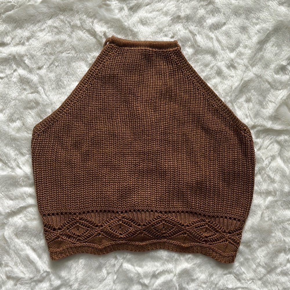 Crochet Brown Ribbed Crop Halter Top
